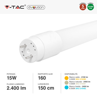 V-Tac Evolution VT-1615 Tubo LED SMD Nano Plastic T8 G13 15W