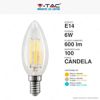 V-Tac VT-2127 Lampadina LED E14 6W Candle Bulb C35 Candela