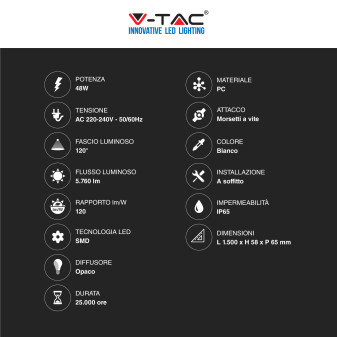 V-Tac VT-1574 Tubo LED Plafoniera 48W Lampadina SMD IP65 150cm